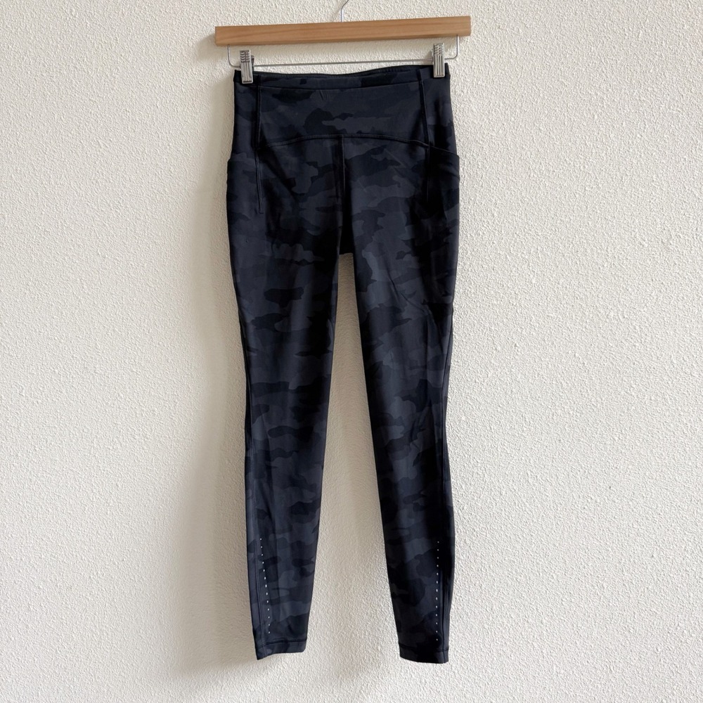 Lululemon Leggings Womens 6 Black Camo Excellent High Rise Pockets Tights